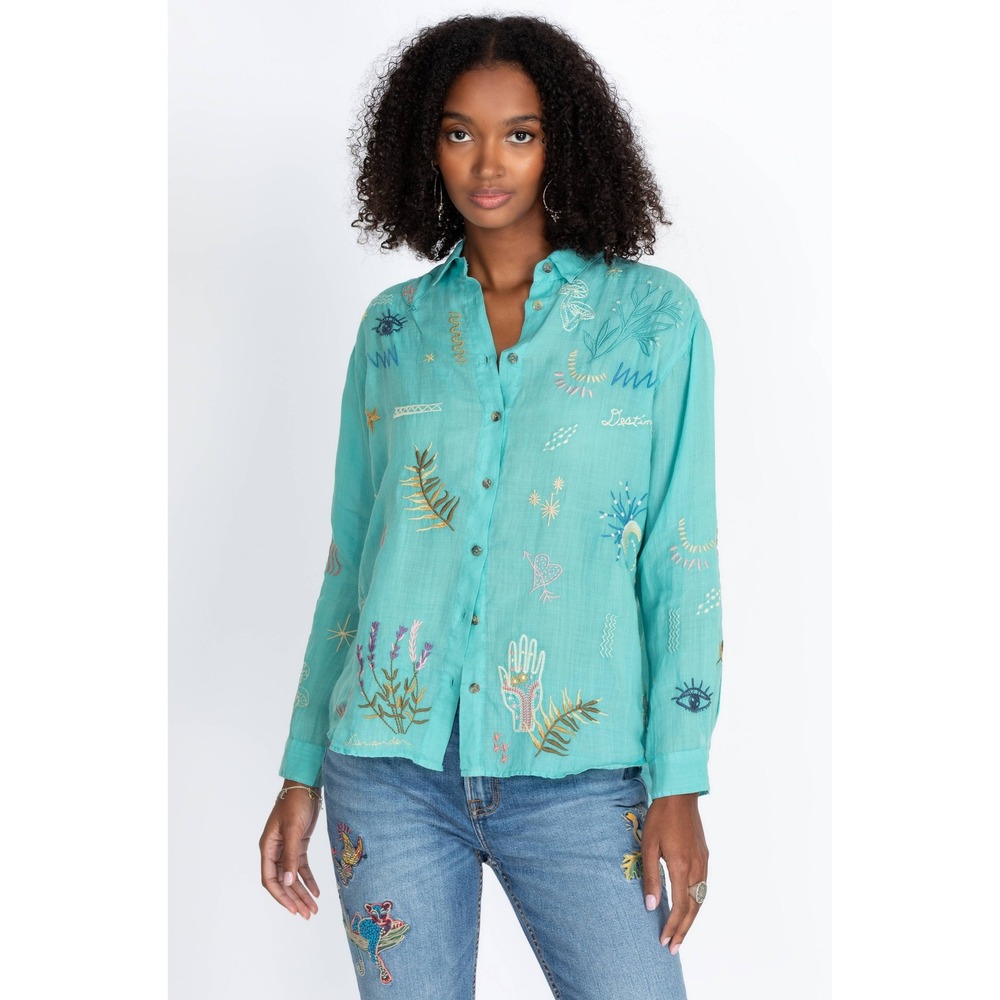 066 Johnny Was Workshop Turquoise Ramie Embroidered Button Down Shirt  (M, EUC)
